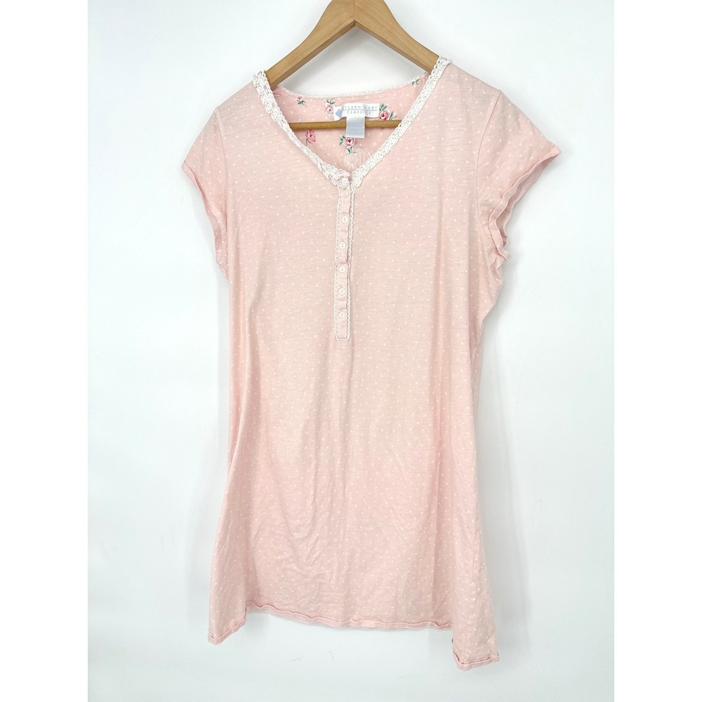 Eileen West Sleep Shirt Women Medium Pink Polka Dot Lace Henley Nightgown Lounge